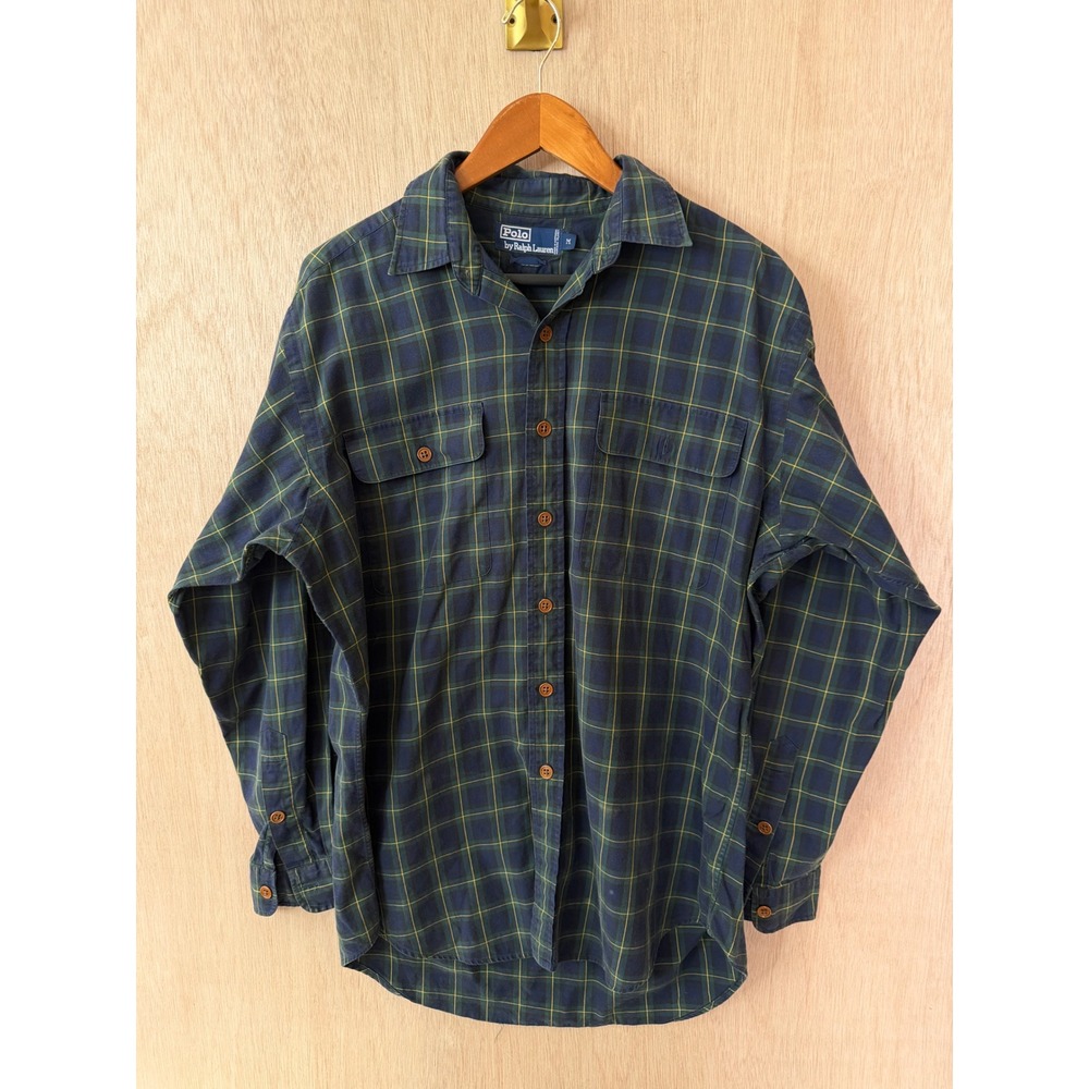 Polo Ralph Lauren Mens Medium Plaid Button Down Shirt Green Navy Cotton Long Slv